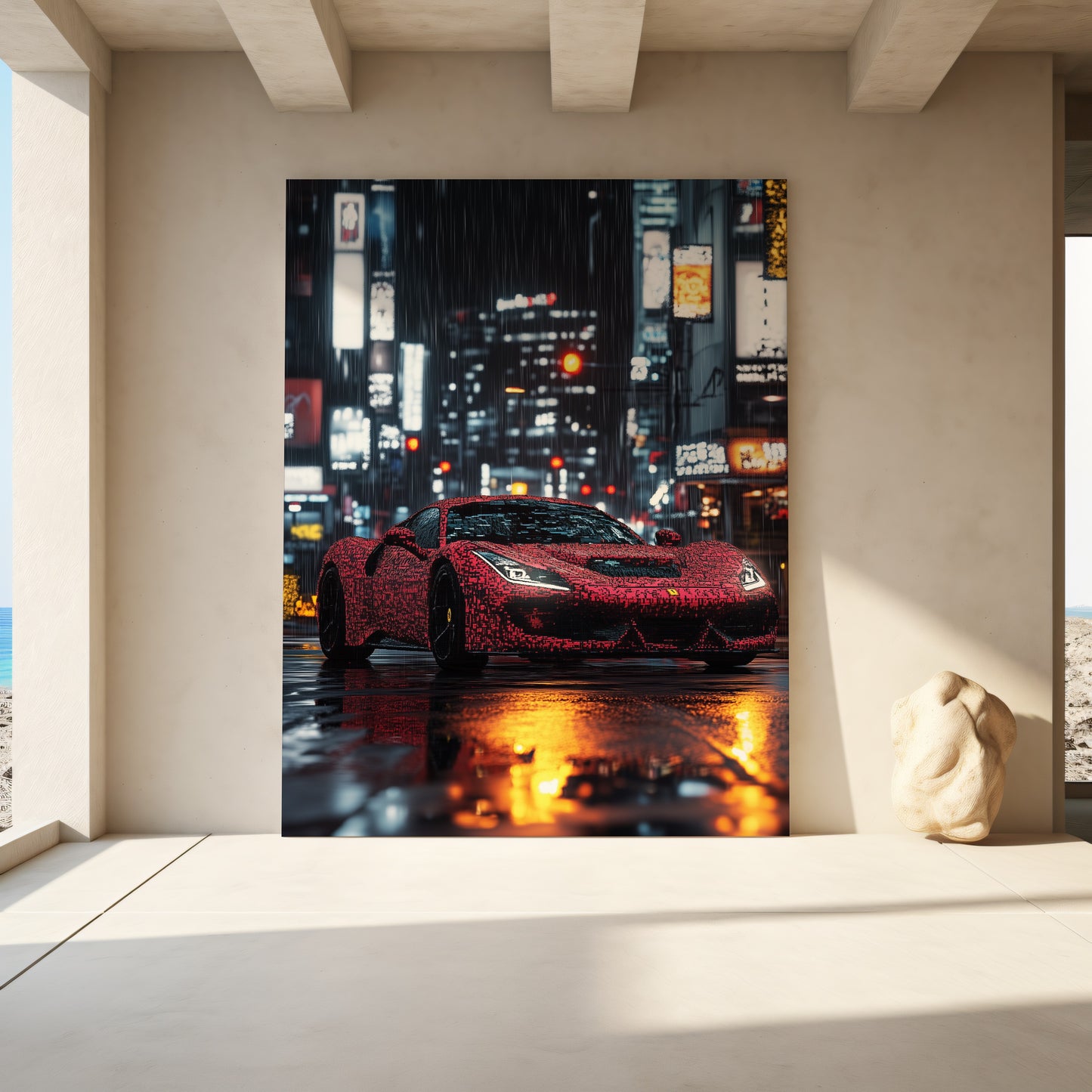 Neon Grid: Pixelated Red Ferrari Downtown Canvas