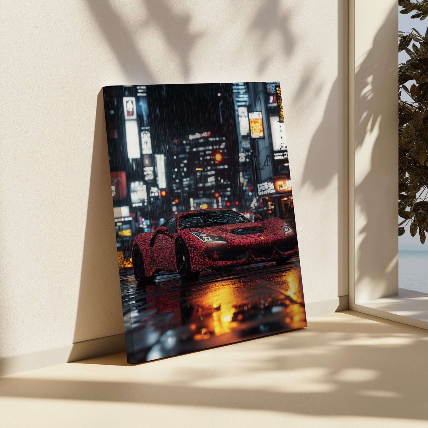 Neon Grid: Pixelated Red Ferrari Downtown Canvas