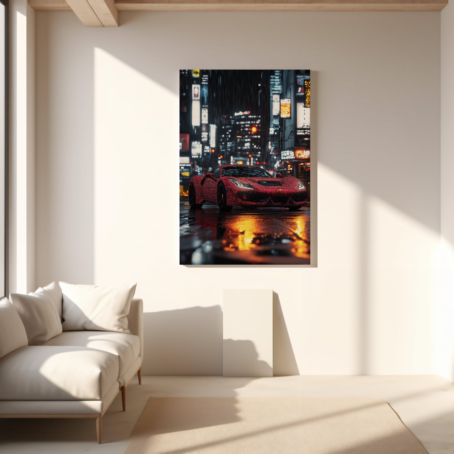 Neon Grid: Pixelated Red Ferrari Downtown Canvas